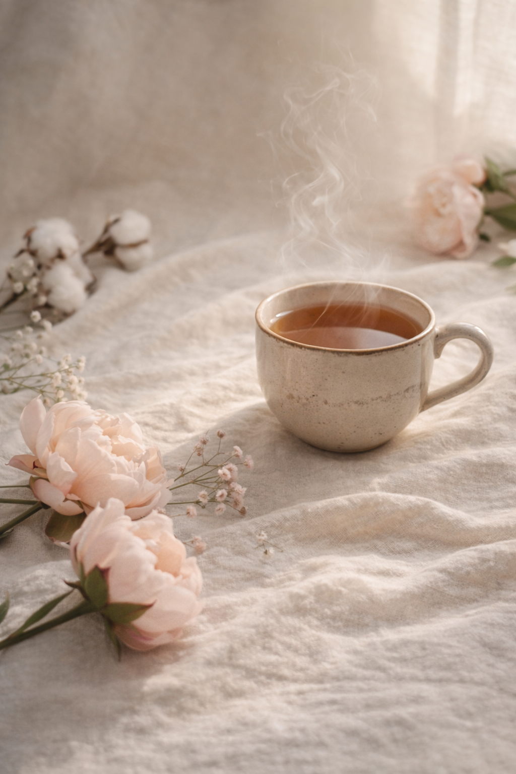 Soft, warm setting with tea and flowers