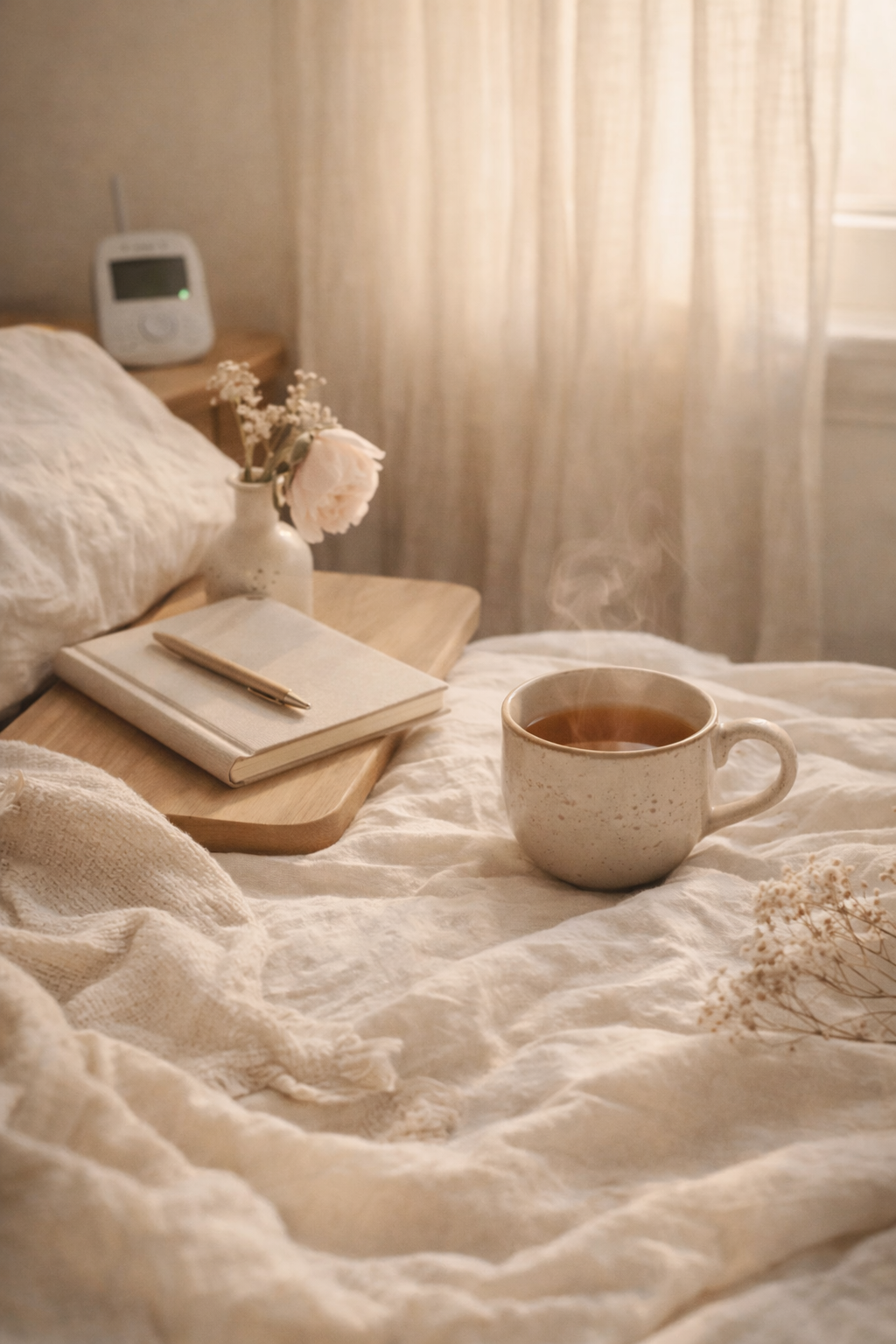 Steaming tea and soft peonies on linen — a moment of calm